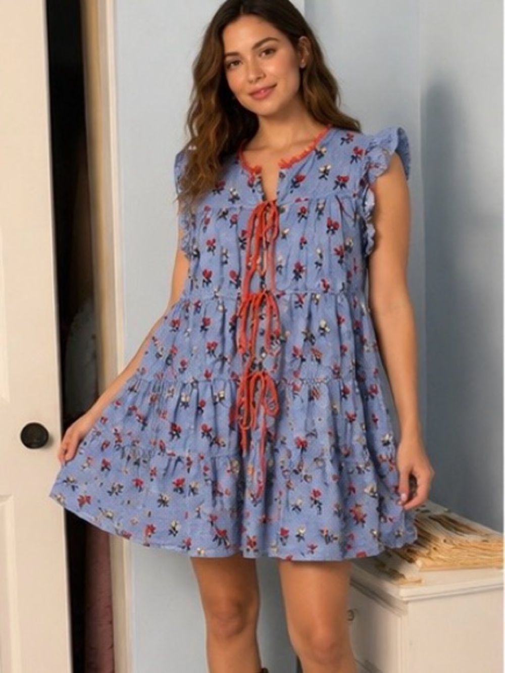 Free People Sundown Print Tunic Dress Allure Blue Floral Tiered Mini S